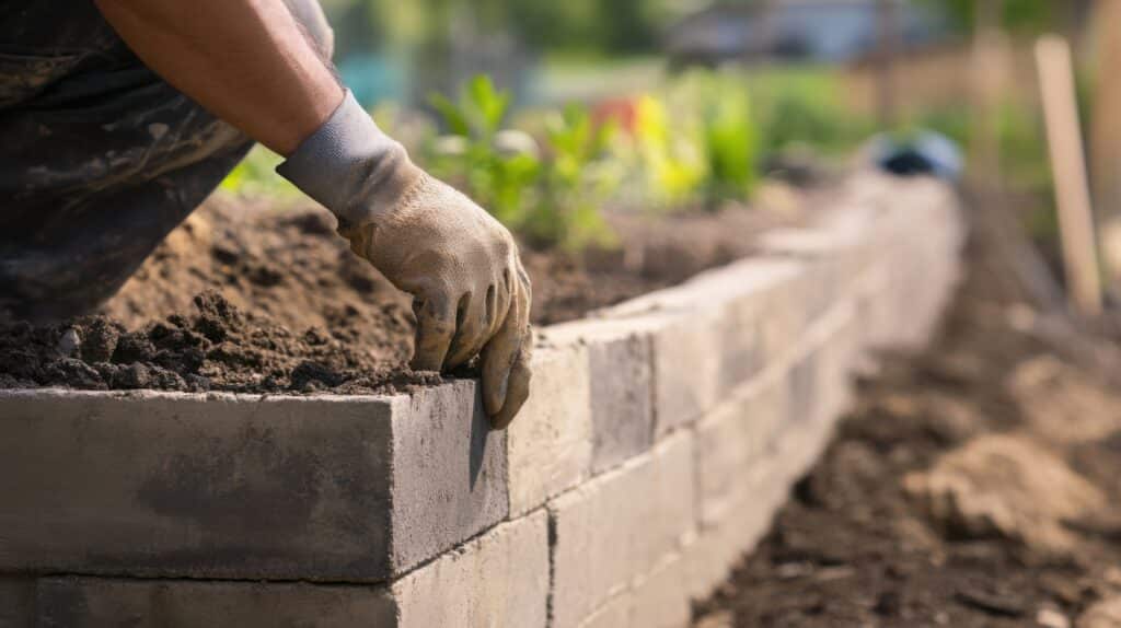 Jardinage : Construire un Parterre Surélevé Robuste Mains gantées d'un jardinier construisant un parterre surélevé en blocs de béton, ajoutant de la terre dans un jardin ensoleillé.