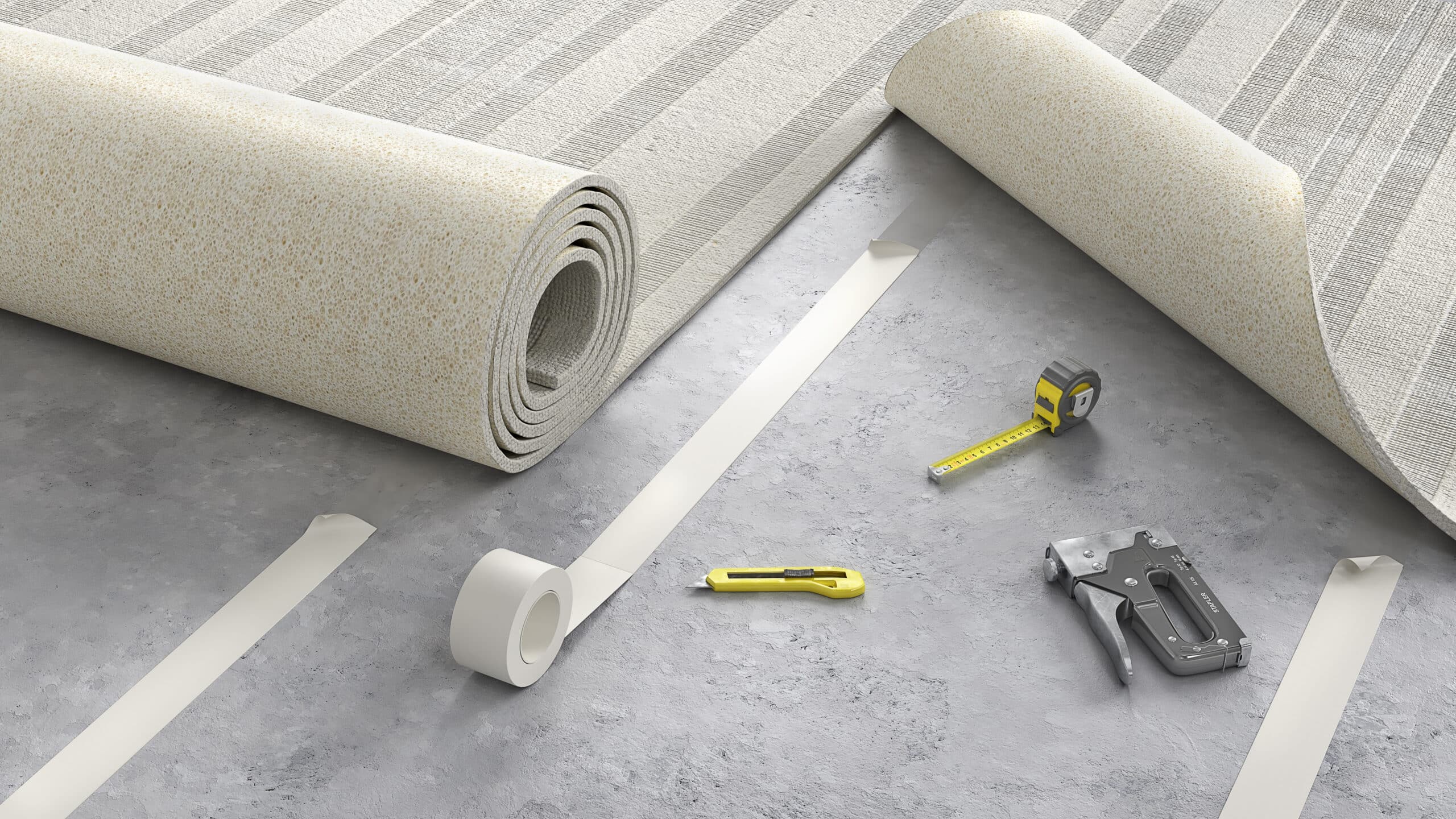 Installation de moquette beige sur béton gris. Rouleaux de tapis, bande adhésive, cutter jaune, mètre ruban, et agrafeuse (STAPLER) sont prêts.
